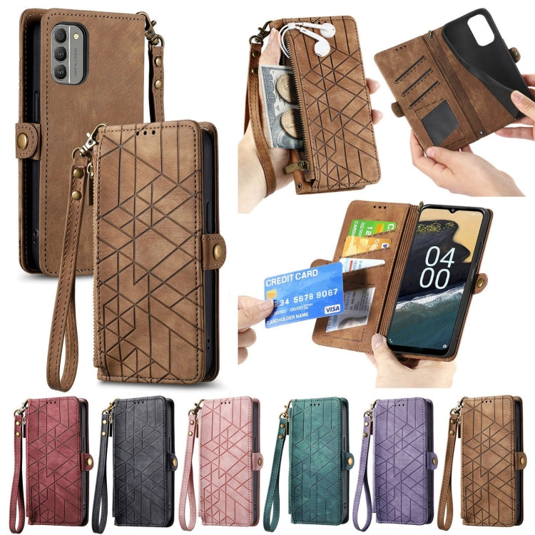 For Nokia XR21 Geometric Zipper Wallet Side Buckle Leather Phone Case(Brown) - Nokia Cases by buy2fix | Online Shopping UK | buy2fix