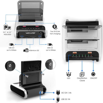 Wavlink ST336A SSD HDD Fast Offline Clone SATA  USB 3.0 External Hard Drive Case(EU Plug) - HDD Enclosure by buy2fix | Online Shopping UK | buy2fix