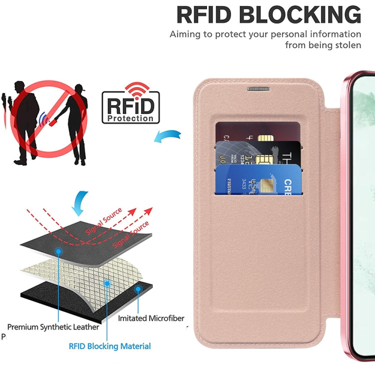 For Samsung Galaxy S22+ 5G Shield Magsafe RFID Anti-theft Rhombus Leather Phone Case(Pink) - Galaxy S22+ 5G Cases by buy2fix | Online Shopping UK | buy2fix