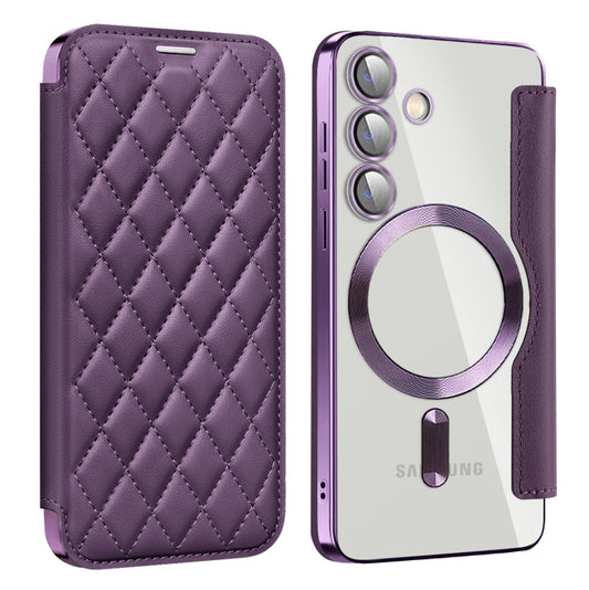 For Samsung Galaxy S24 5G Shield Magsafe RFID Anti-theft Rhombus Leather Phone Case(Purple) - Galaxy S24 5G Cases by buy2fix | Online Shopping UK | buy2fix