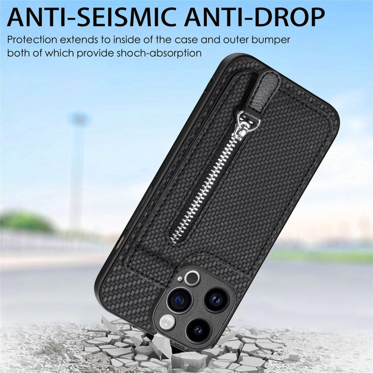 For iPhone 15 Pro Max Carbon Fiber Vertical Flip Zipper Phone Case(Black) - iPhone 15 Pro Max Cases by buy2fix | Online Shopping UK | buy2fix