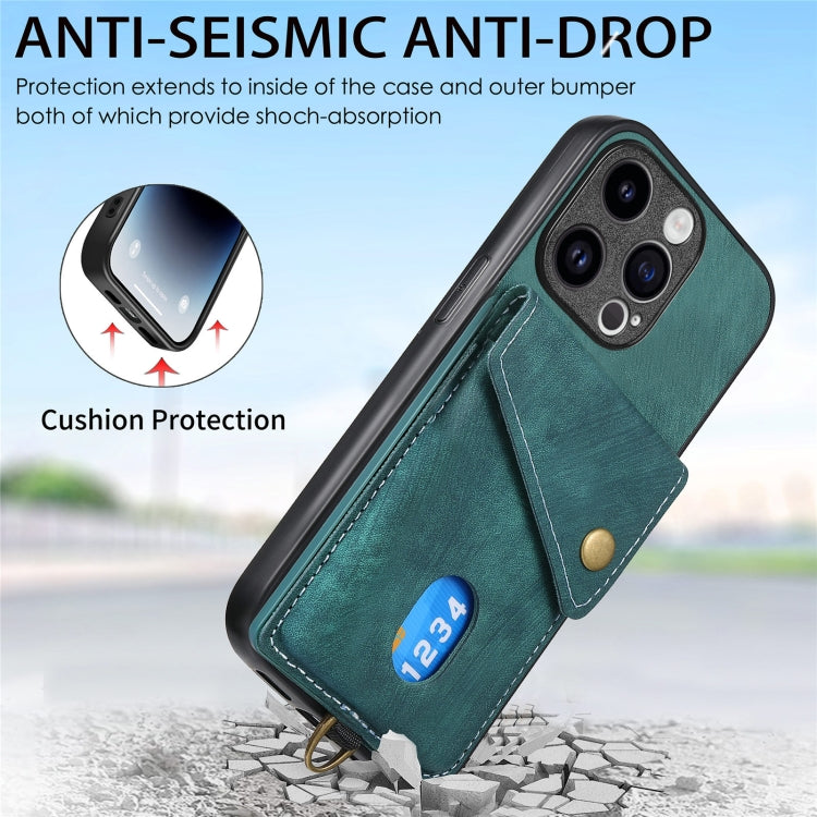 For iPhone 15 Pro Max Retro Card Wallet Fold Leather Phone Case with Strap(Green) - iPhone 15 Pro Max Cases by buy2fix | Online Shopping UK | buy2fix