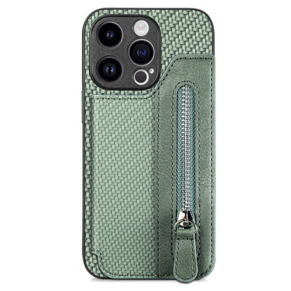 For iPhone 15 Pro Max Carbon Fiber Horizontal Flip Zipper Wallet Phone Case(Green) - iPhone 15 Pro Max Cases by buy2fix | Online Shopping UK | buy2fix