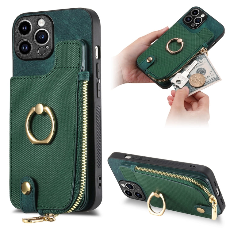 For iPhone 15 Pro Max Cross Leather Ring Vertical Zipper Wallet Back Phone Case(Green) - iPhone 15 Pro Max Cases by buy2fix | Online Shopping UK | buy2fix