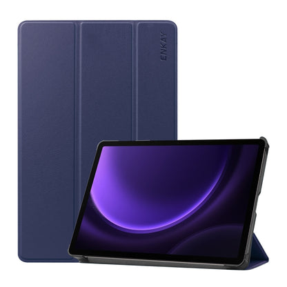 For Samsung Galaxy Tab S9 FE ENKAY Tri-fold Custer Texture Leather Smart Tablet Case(Dark Blue) - Galaxy Tab S9 FE by ENKAY | Online Shopping UK | buy2fix