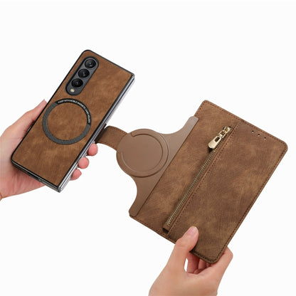 For Samsung Galaxy Z Fold4 Retro MagSafe Magnetic Zipper Wallet Leather Phone Case(Brown) - Galaxy Z Fold4 5G Cases by buy2fix | Online Shopping UK | buy2fix