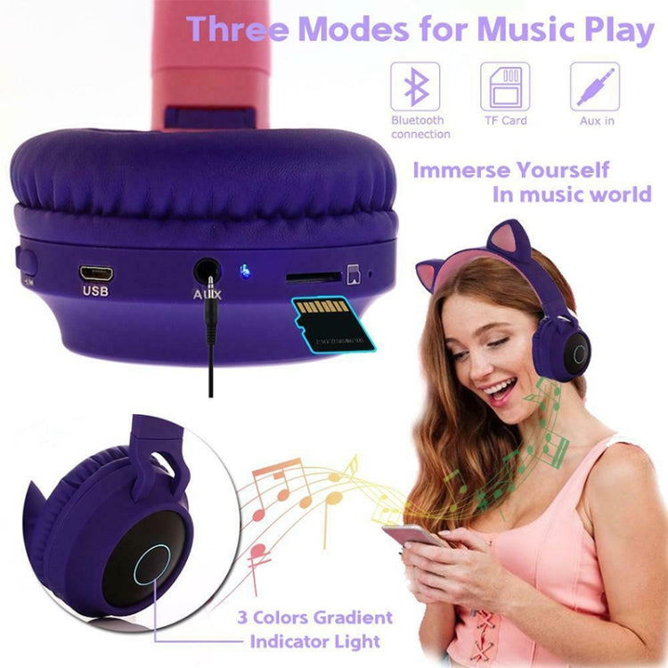 BT028C Cute Cat Ear Bluetooth 5.0 Headphones Foldable On-Ear Stereo Wireless Headset Headphone with Mic / LED Light / FM Radio / TF Card(Pink) - Headset & Headphone by buy2fix | Online Shopping UK | buy2fix