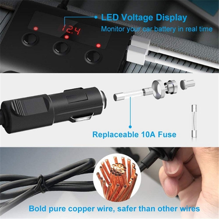 TR12 3 in 1 100W 4USB Car Cigarette Lighter with Switch Voltage Display(Black Red) - In Car by buy2fix | Online Shopping UK | buy2fix