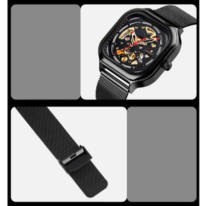 SKMEI 9184 Men Automatic Mechanical Watch Mesh with Hollow Square Tourbillon Student Watch (Black) - Metal Strap Watches by SKMEI | Online Shopping UK | buy2fix