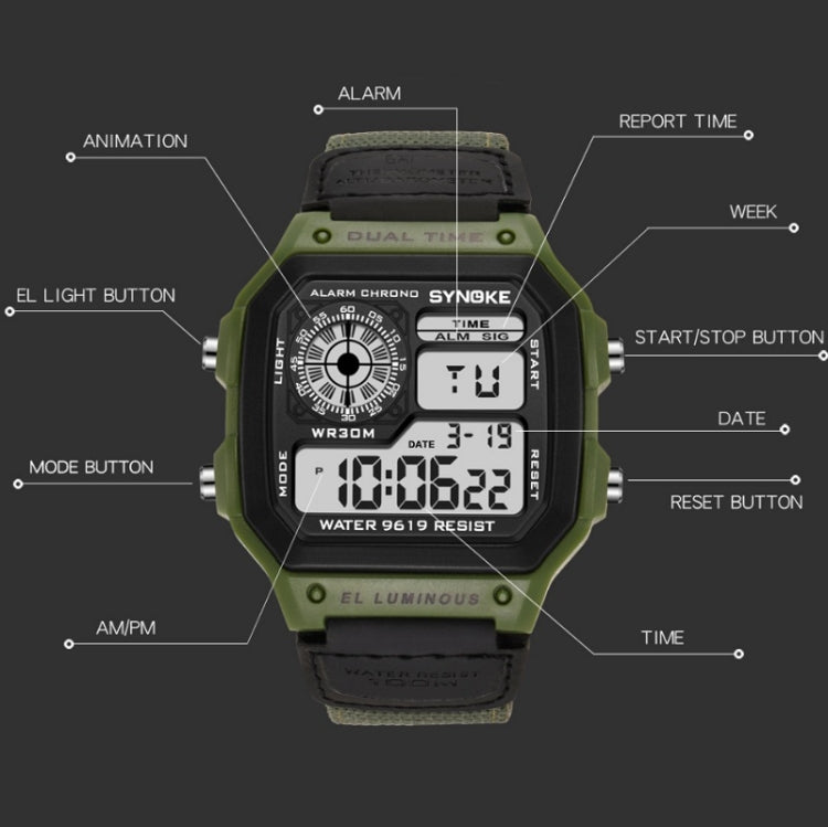 SYNOKE 9619B Nylon Canvas Strap Luminous Waterproof Digital Watch(Green Head Green Belt) - LED Digital Watches by SYNOKE | Online Shopping UK | buy2fix