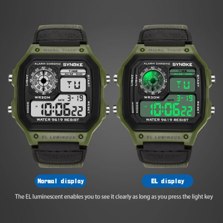 SYNOKE 9619B Nylon Canvas Strap Luminous Waterproof Digital Watch(Green Head Green Belt) - LED Digital Watches by SYNOKE | Online Shopping UK | buy2fix