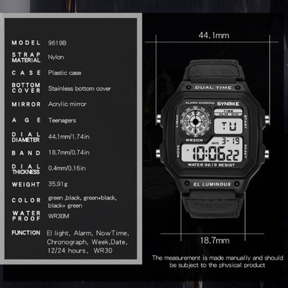 SYNOKE 9619B Nylon Canvas Strap Luminous Waterproof Digital Watch(Green Head Green Belt) - LED Digital Watches by SYNOKE | Online Shopping UK | buy2fix