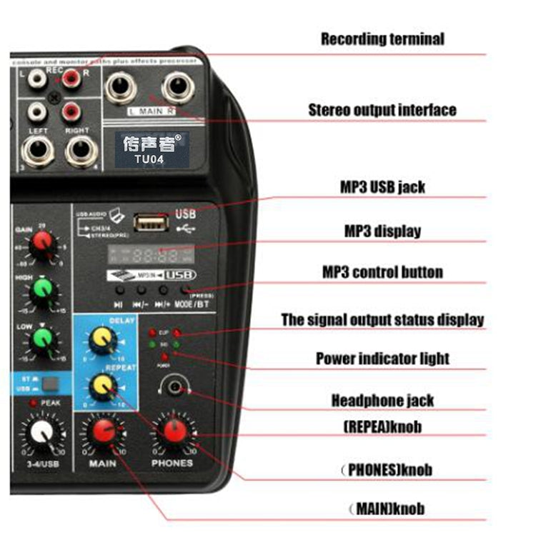 TU04 BT Sound Mixing Console Record 48V Phantom Power Monitor AUX Paths Plus Effects 4 Channels Audio Mixer with USB(Black) - Live Sound Effects Processors by buy2fix | Online Shopping UK | buy2fix