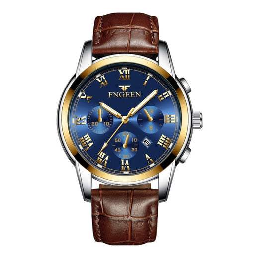 FNGEEN 4006 Men Trendy Waterproof Quartz Watch(Brown Leather Gold Blue Surface) - Alloy Watches by FNGEEN | Online Shopping UK | buy2fix