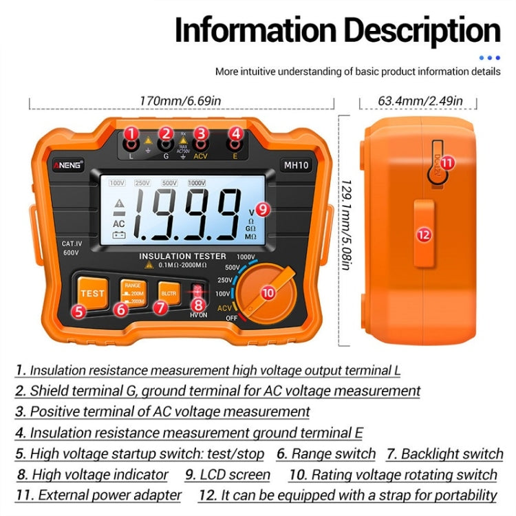 ANENG MH10 Digital High Precision Insulation Resistance Tester(Orange) - Consumer Electronics by ANENG | Online Shopping UK | buy2fix
