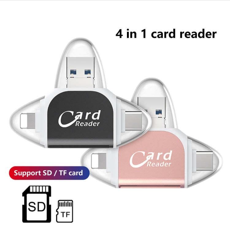 R015 USB2.0 & Micro USB+8Pin+Type-C 4 In 1 Card Reader Supports SD/TF Card(Rose Gold) -  by buy2fix | Online Shopping UK | buy2fix