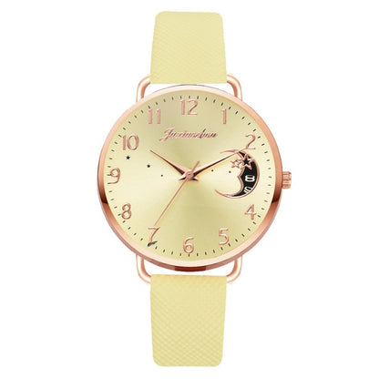 Ladies Moon Pattern Dial PU Strap Quartz Watch, Color: Yellow - Leather Strap Watches by buy2fix | Online Shopping UK | buy2fix