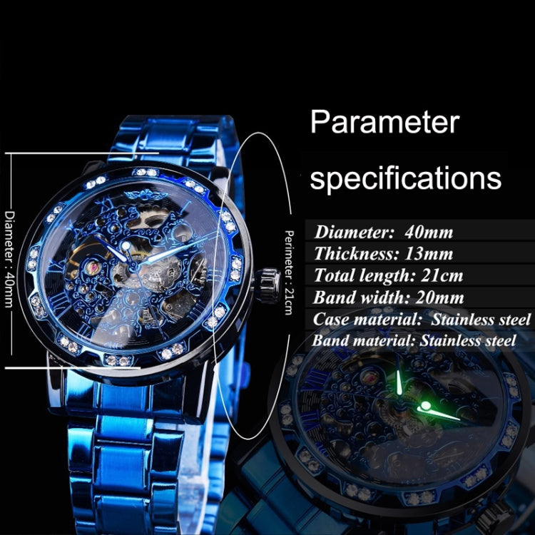 Winner Leisure Skeleton Diamond Luminous Pointer Watch Men Manual Mechanical Watch(Silver Belt Blue Circle Blue Face) - Metal Strap Watches by Winner | Online Shopping UK | buy2fix