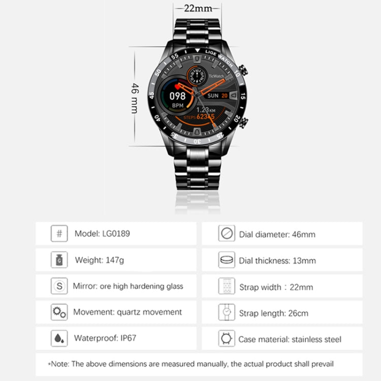 LIGE 0175 Bluetooth Step Perseverance Detection Smart Watch, Style: Steel Belt (Black) - Sport Watches by LIGE | Online Shopping UK | buy2fix