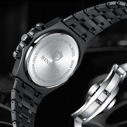 BINBOND B0161 Multifunctional Luminous Waterproof Business Quartz Watch, Color: Black Steel-Blue - Metal Strap Watches by BINBOND | Online Shopping UK | buy2fix