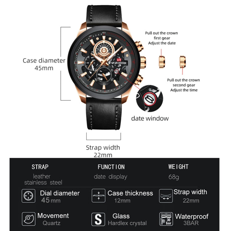 VAVA VOOM 2311G-JH2 Black Shell Steel Belt Men Waterproof Sports Luminous Calendar Casual Quartz Hollow Watch - Sport Watches by VAVA VOOM | Online Shopping UK | buy2fix