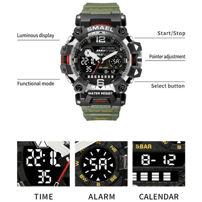 SMAEL 8072 Alloy Outdoor Multifunctional Electronic Watch Men Dual Display Waterproof Watch(Green) - Metal Strap Watches by SMAEL | Online Shopping UK | buy2fix