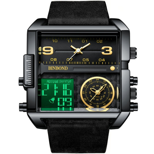 BINBOND B3332 Square Multifunctional Sports Quartz Waterproof Watch(Black Leather-Black-Black-Gold) - Leather Strap Watches by BINBOND | Online Shopping UK | buy2fix