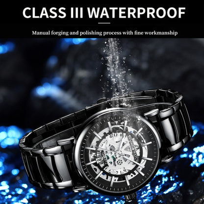 BINBOND B7872 Multifunctional Hollow Luminous Waterproof Quartz Watch, Color: Black Leather-Full-gold-Black - Leather Strap Watches by BINBOND | Online Shopping UK | buy2fix