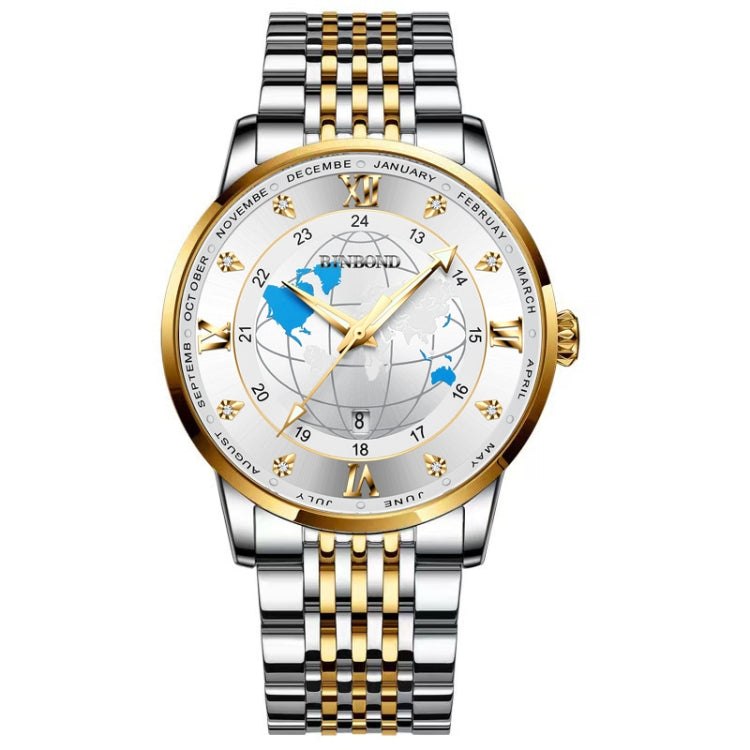 BINBOND B1117 30M Waterproof Earth Dial Butterfly Buckle Luminous Quartz Watch(Inter-gold-White) - Metal Strap Watches by BINBOND | Online Shopping UK | buy2fix