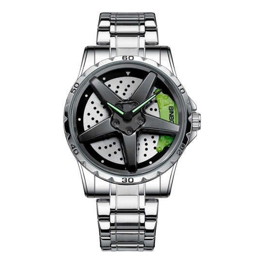 BINBOND D002 Car Hub Dial Multifunctional Waterproof and Wear-resistant Men's Watch(White Steel-Green) - Metal Strap Watches by BINBOND | Online Shopping UK | buy2fix