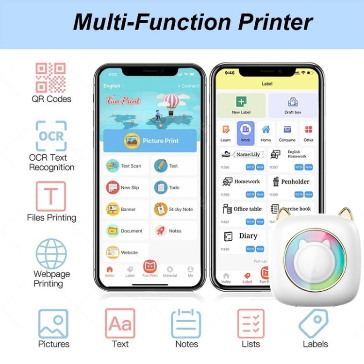 C23 Seven Colors Atmosphere Breathing Light Wireless Thermal Printer, Color: White+3 Rolls Color Paper - Printer by buy2fix | Online Shopping UK | buy2fix