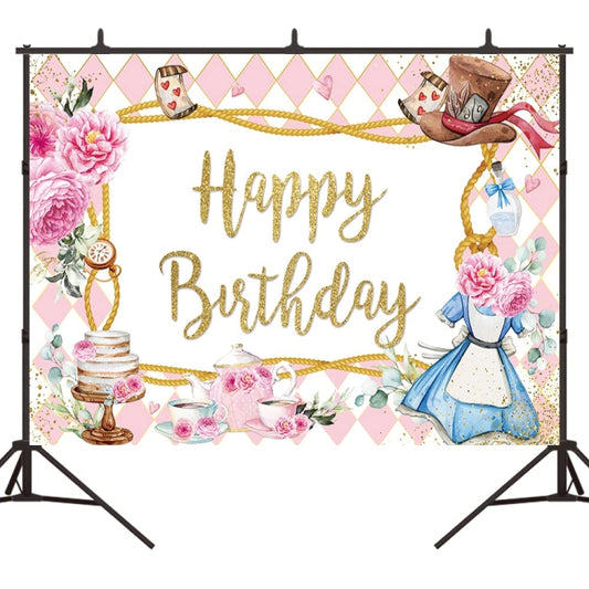 180 x 120cm Pink Flowers Cake Cartoon Birthday Background Cloth Birthday Decoration Banner Hanging Flags -  by buy2fix | Online Shopping UK | buy2fix