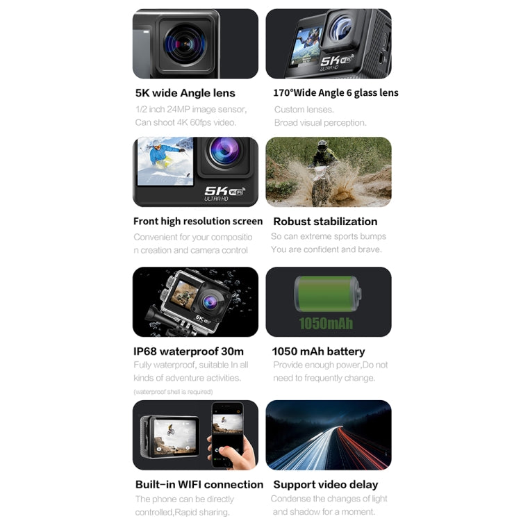 5K/30FPS WIFI HD Anti-Shake Remote Touch Dual-Screen IP68 Waterproof Sports Camera, Style: Black - Other Camera by buy2fix | Online Shopping UK | buy2fix