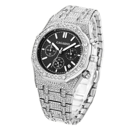 CAGARNY 6881 Diamond-studded Six-needles Guartz Dual Movement Watch Men Stainless Steel Strap Watch (Silver Shell Black Dial) - Metal Strap Watches by CAGARNY | Online Shopping UK | buy2fix