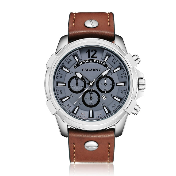 CAGARNY 6882 Fashion Waterproof Polychromatic Metal Shell Quartz Watch with Leather Wristband(Brown Silver) - Leather Strap Watches by CAGARNY | Online Shopping UK | buy2fix