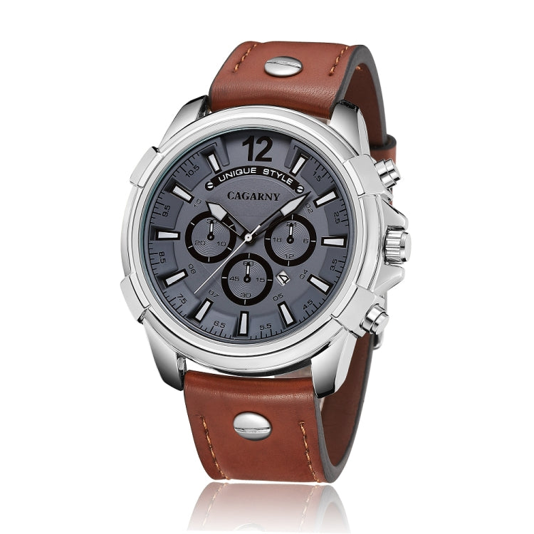 CAGARNY 6882 Fashion Waterproof Polychromatic Metal Shell Quartz Watch with Leather Wristband(Brown Silver) - Leather Strap Watches by CAGARNY | Online Shopping UK | buy2fix